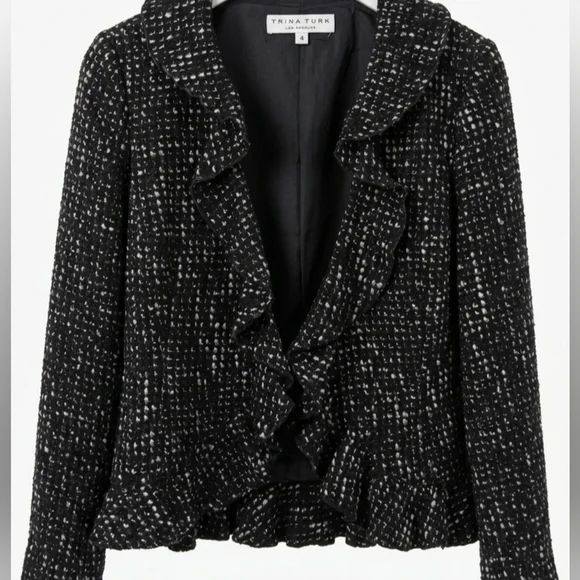 Trina Turk Black White Chic Classic Ruffled Tweed Blazer Jacket Sz 4 - Picture 2 of 10